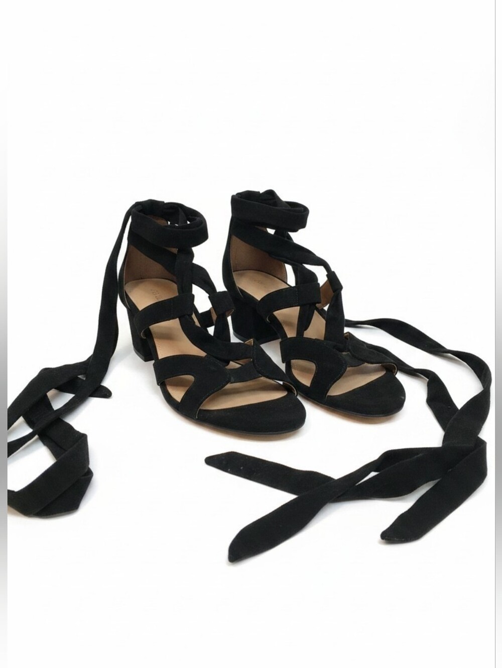 Addition Elle Wide Fit Black Lace-Up Faux Suede Strappy Ankle Wrap Sandals